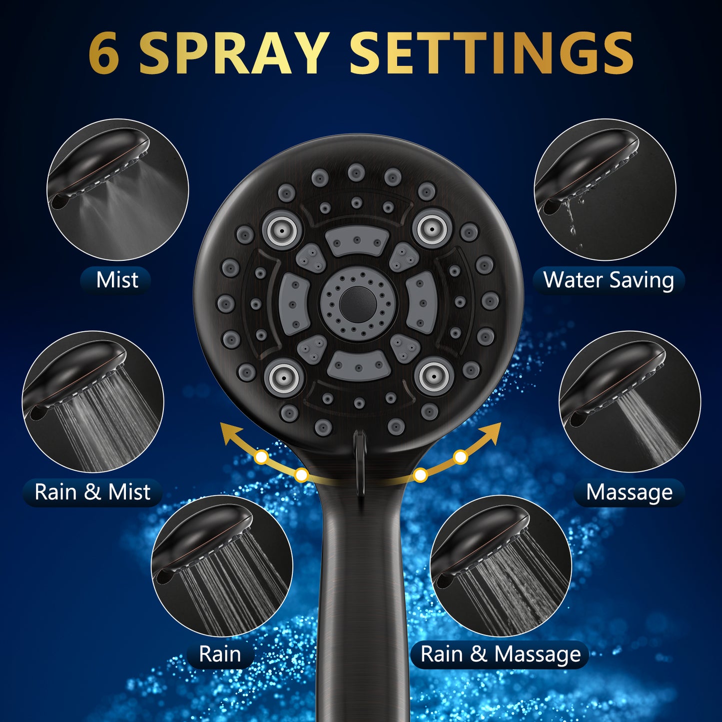DAKINGS 6 Spray Modes High Pressure Handheld Showerhead Set Upgraded 5 Inches Showerheads with Handheld Spray Oil Rubbed Bronze Handheld Shower 60 Inches Stainless Steel Hose For Low Water Pressure