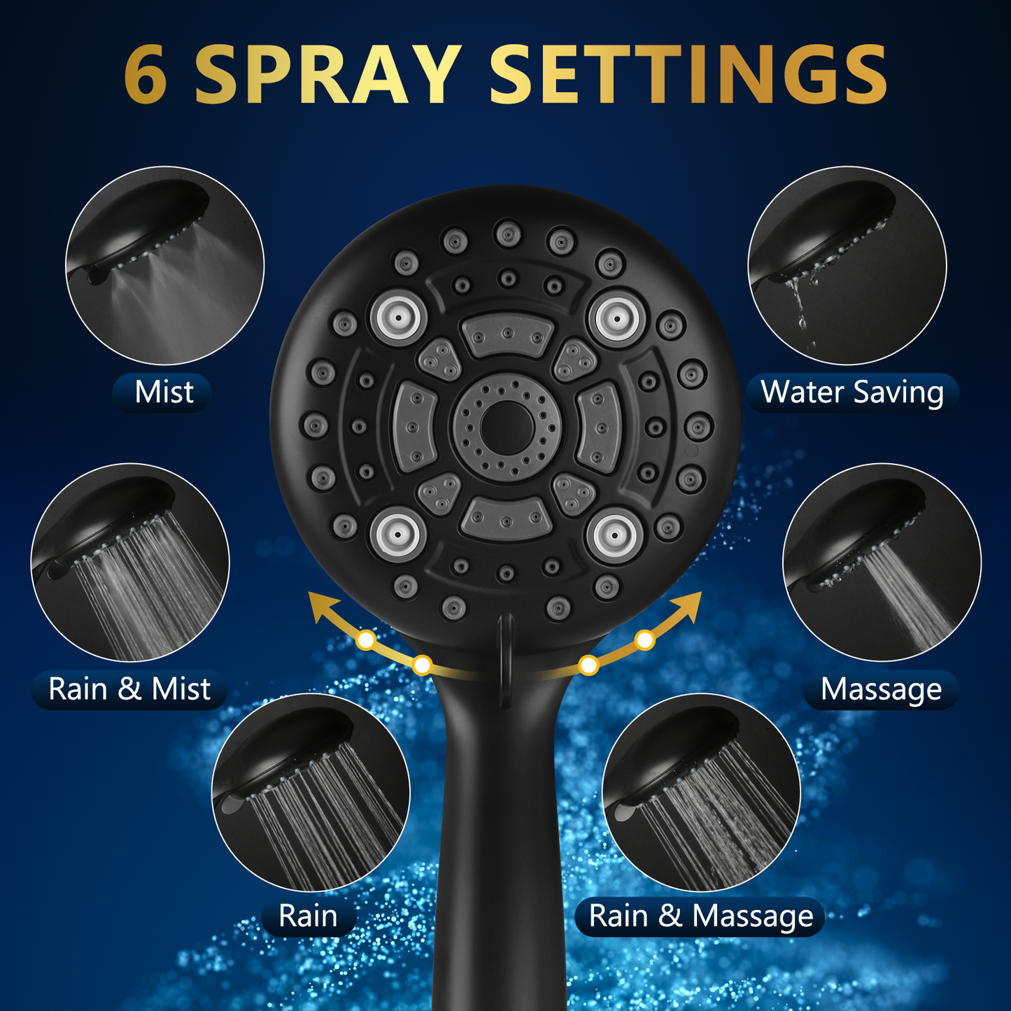 DAKINGS 6 Modes High Pressure Handheld Shower Head Set Upgraded 5 Inches Shower Heads with Handheld Spray with Premium Black Hand Held Showerhead 60 Inches Stainless Steel Hose For Low Water Pressure