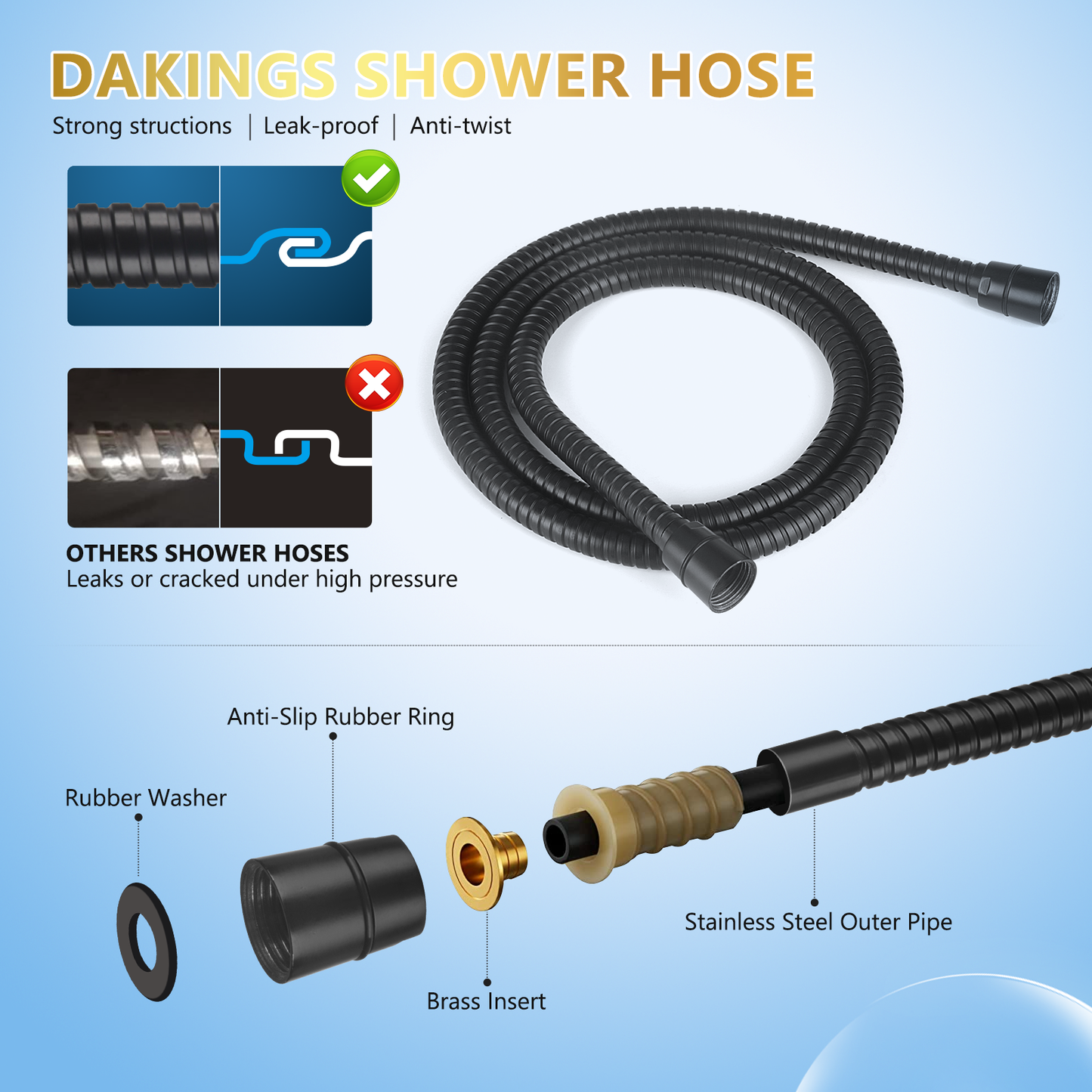 DAKINGS 6 Modes High Pressure Handheld Shower Head Set Upgraded 5 Inches Shower Heads with Handheld Spray with Premium Black Hand Held Showerhead 60 Inches Stainless Steel Hose For Low Water Pressure