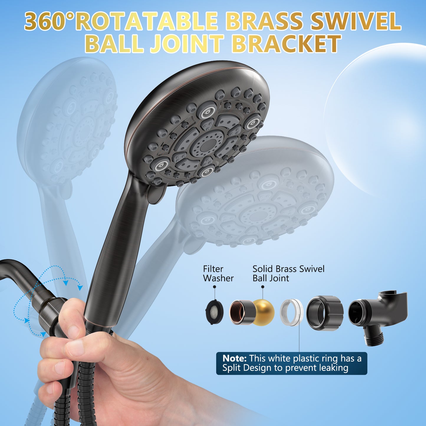 DAKINGS 6 Spray Modes High Pressure Handheld Showerhead Set Upgraded 5 Inches Showerheads with Handheld Spray Oil Rubbed Bronze Handheld Shower 60 Inches Stainless Steel Hose For Low Water Pressure