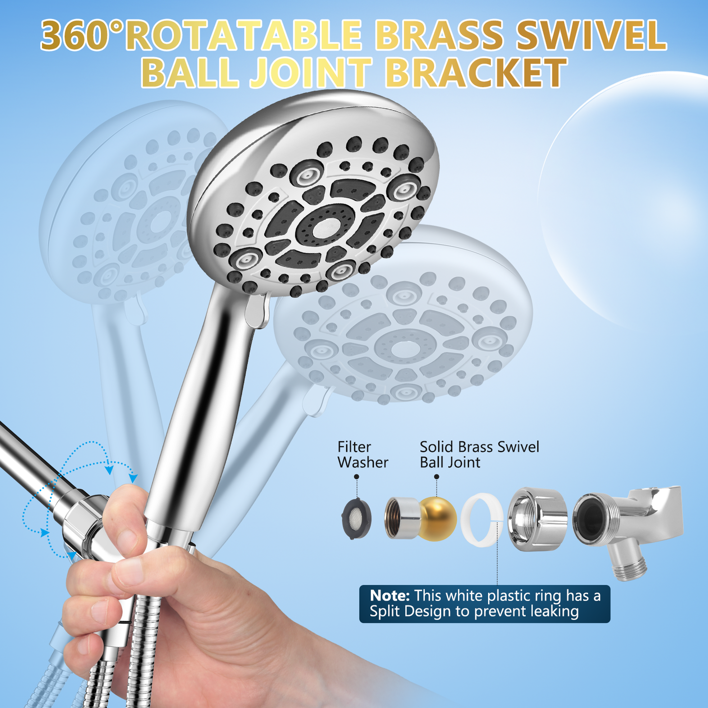 DAKINGS 6 Spray Modes High Pressure Handheld Showerhead Set Upgraded 5 Inches Showerheads with Handheld Spray Premium Chrome Handheld Showerhead 60 Inches Stainless Steel Hose For Low Water Pressure