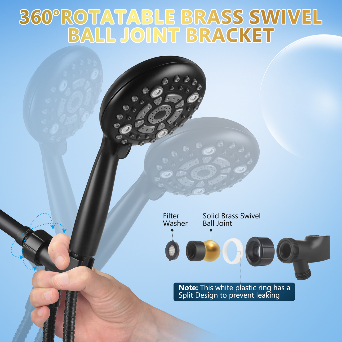 DAKINGS 6 Modes High Pressure Handheld Shower Head Set Upgraded 5 Inches Shower Heads with Handheld Spray with Premium Black Hand Held Showerhead 60 Inches Stainless Steel Hose For Low Water Pressure