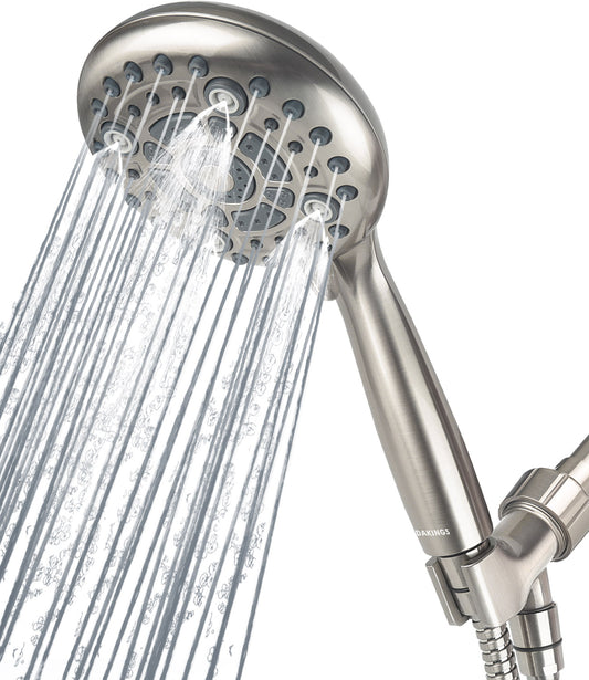 DAKINGS 6 Modes High Pressure Handheld Shower Head Set Upgraded 5 Inches Shower Heads with Handheld Spray with Brushed Nickel Hand Held Showerhead 60 Inches Stainless Steel Hose For Low Water Pressure